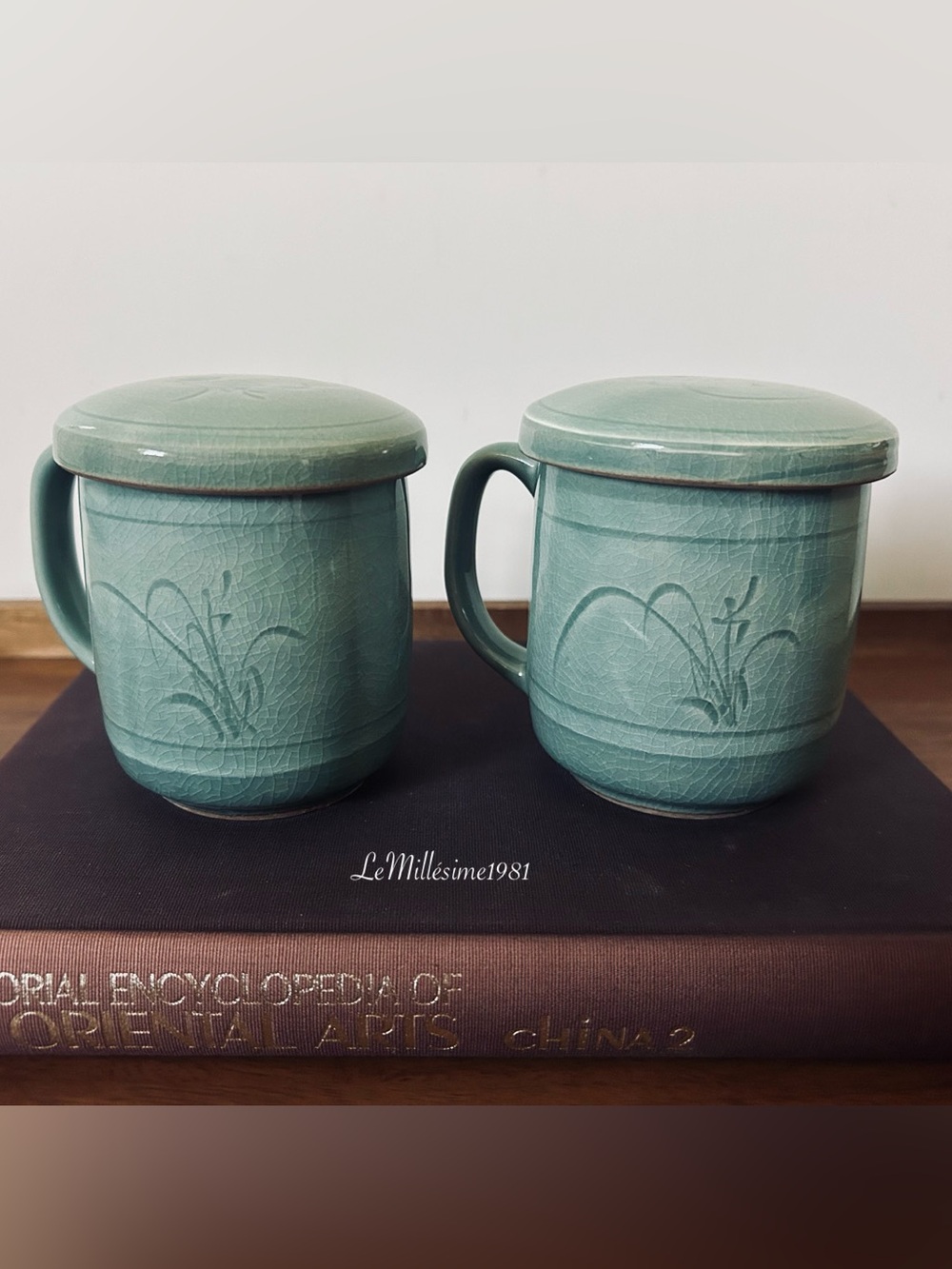 Vintage Korean Celadon Tea Cups with Infusers & Lids – Set of 2 Crackle Glaze Mu